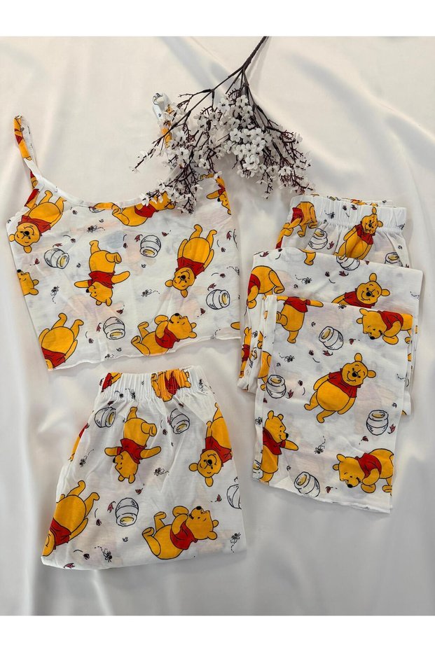 3-Piece Yellow Teddy Bear Combed Cotton Pajama Set with Fit and Flare Design and Special Pouch