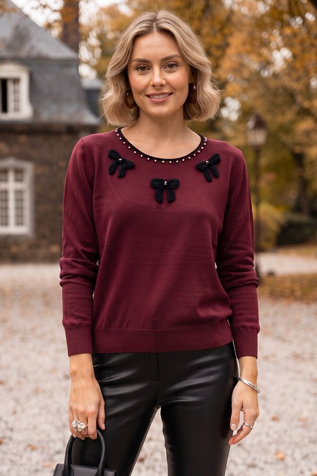 Burgundy Round Neck Long Sleeve Ribbon Patterned Collar with Stone Detail Casual Knitwear Sweater 63 60