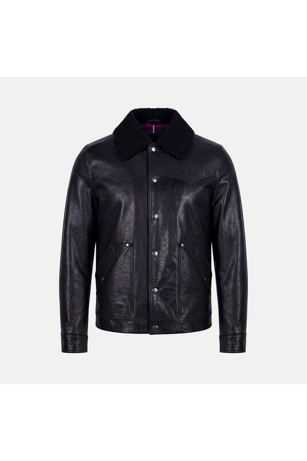 Men's Black Leather Jacket with Removable Fur-Look Collar