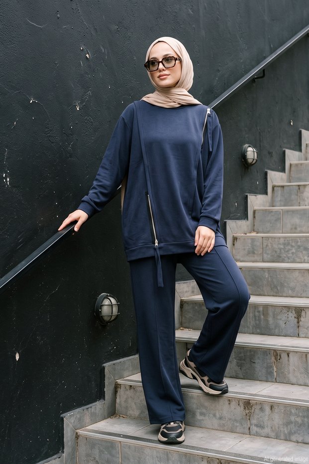 Shoulder and Skirt Band Zipper Detailed Trouser Suit 923 Navy Blue