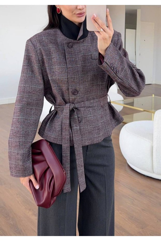 Plaid Patterned Belted Jacket