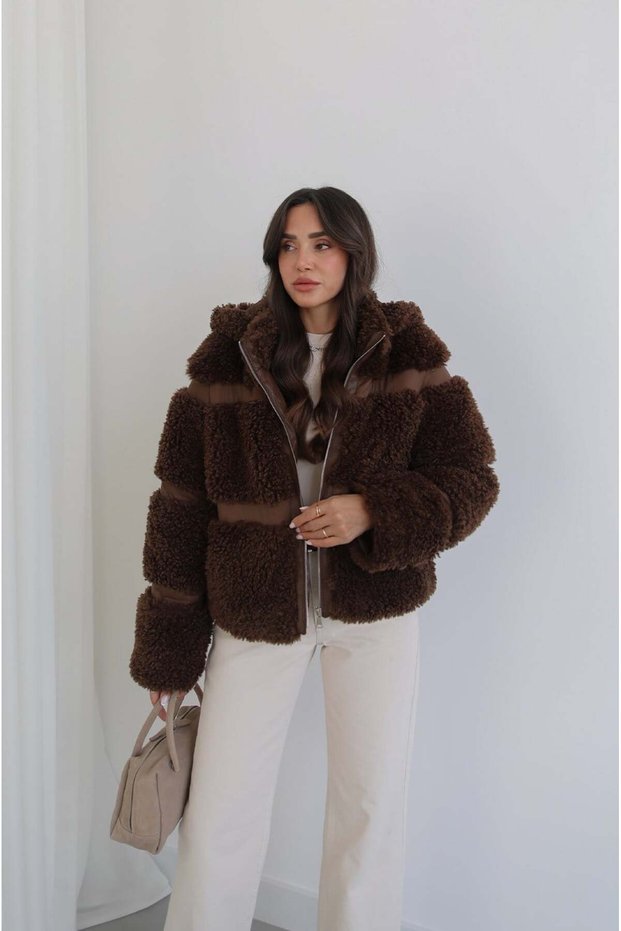 Brown Leather Detailed Teddy Coat