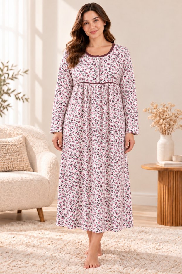 Mother's Nightgown, Buttoned Collar, Buttoned Collar with Piping, 30/1 Seasonal Fabric, Cotton Women's Nightgown, Floral Pattern, 120 Cm, Dusty Rose