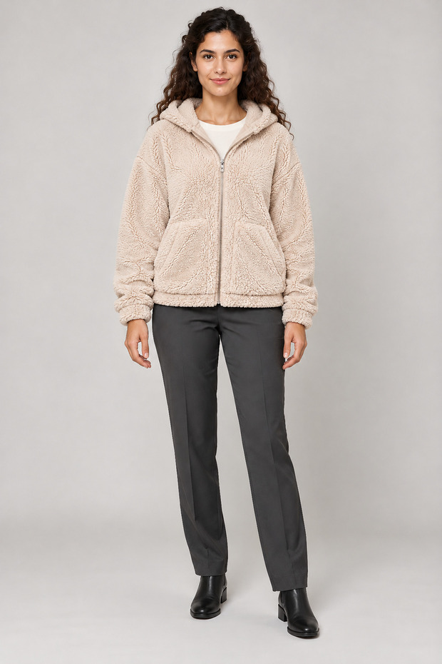 Women's Beige Oversize Hooded Plush Sweatshirt with Pockets
