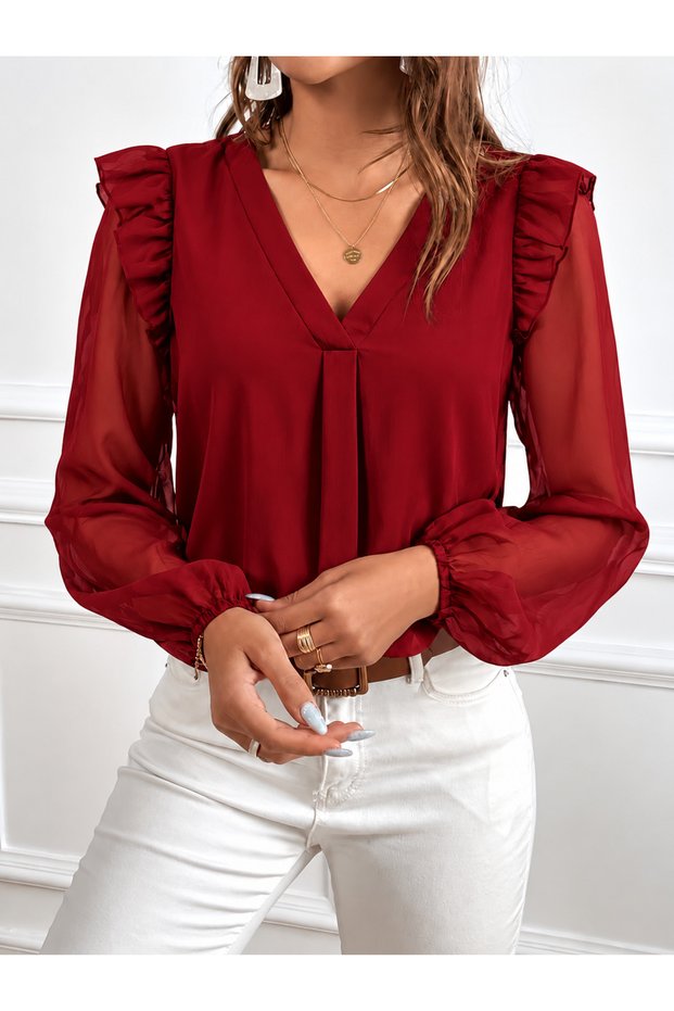 Women's V-Neck Ruffle Detailed Transparent Chiffon Sleeve Blouse