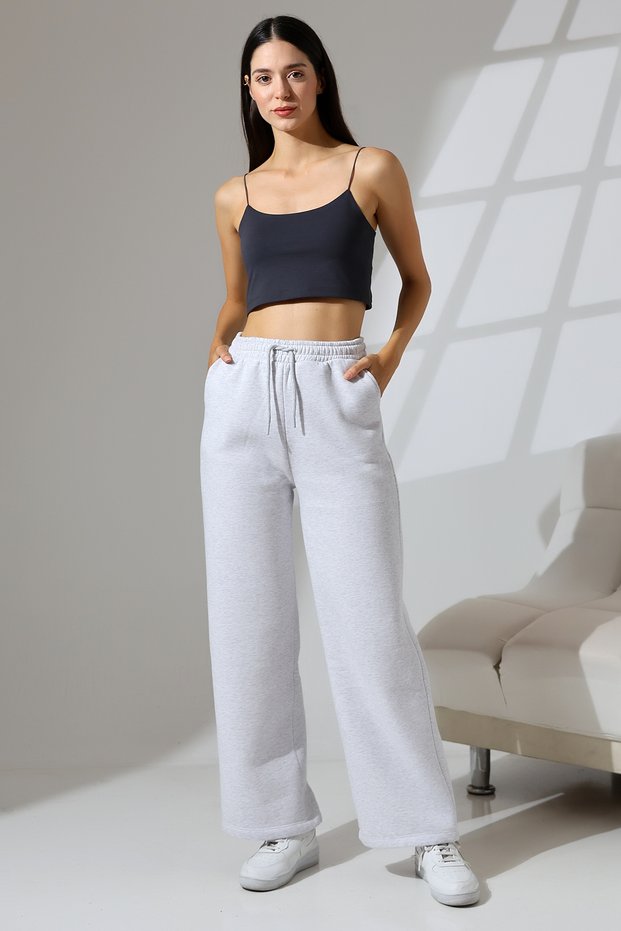 Shawl Collar Combed Cotton Compact Wide Leg Winter Palazzo Sweatpants 21776 Karmelanj