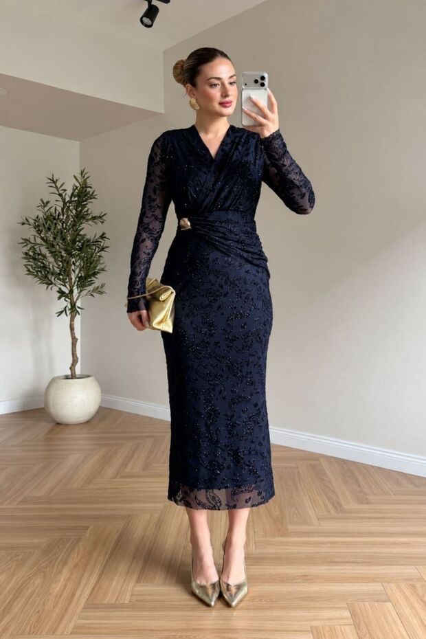 Sim Embroidered Tulle Sleeves Draped Evening Dress