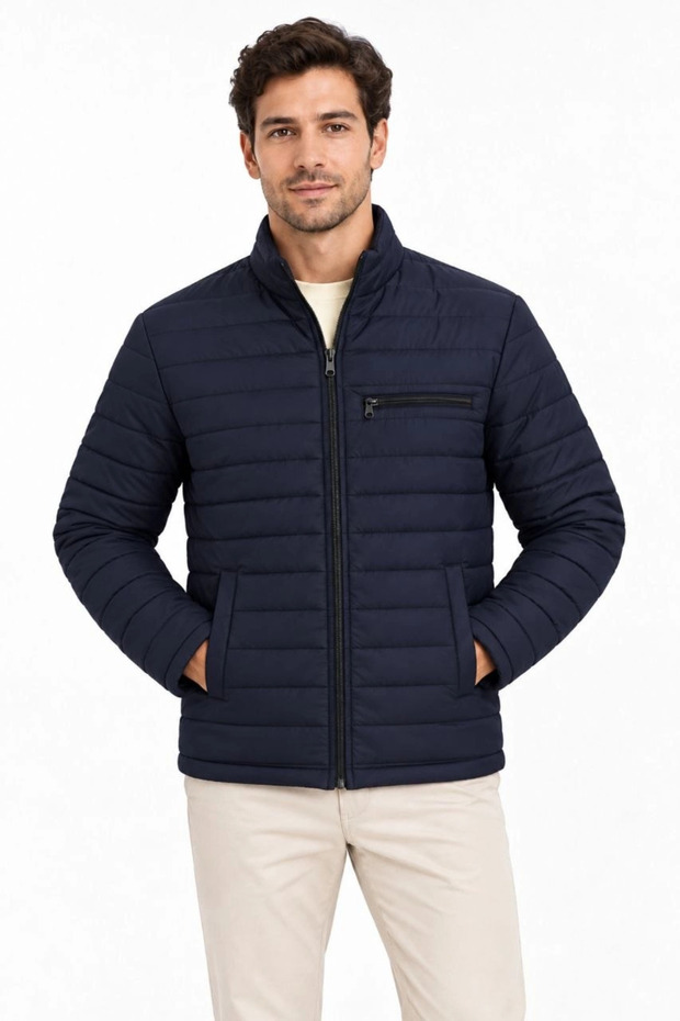 Men's stand collar water repellent puffer quilted three-pocket jacket - navy blue