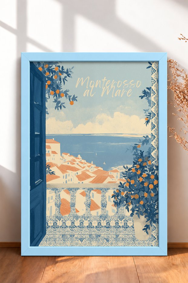 Monterosso Al Mare Balcony Scenery Framed Painting Italy Poster Living Room Kitchen Wall Decor Itn046