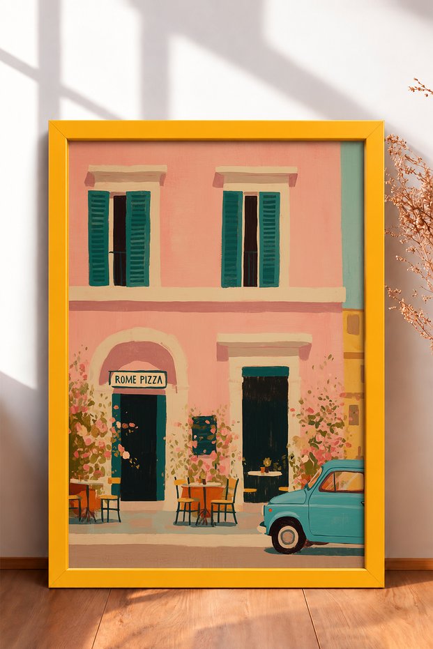 Rome Pizza Tabletop Sign with Facade and Classic Car Frame Table Italy Poster Wall Decor Itn028