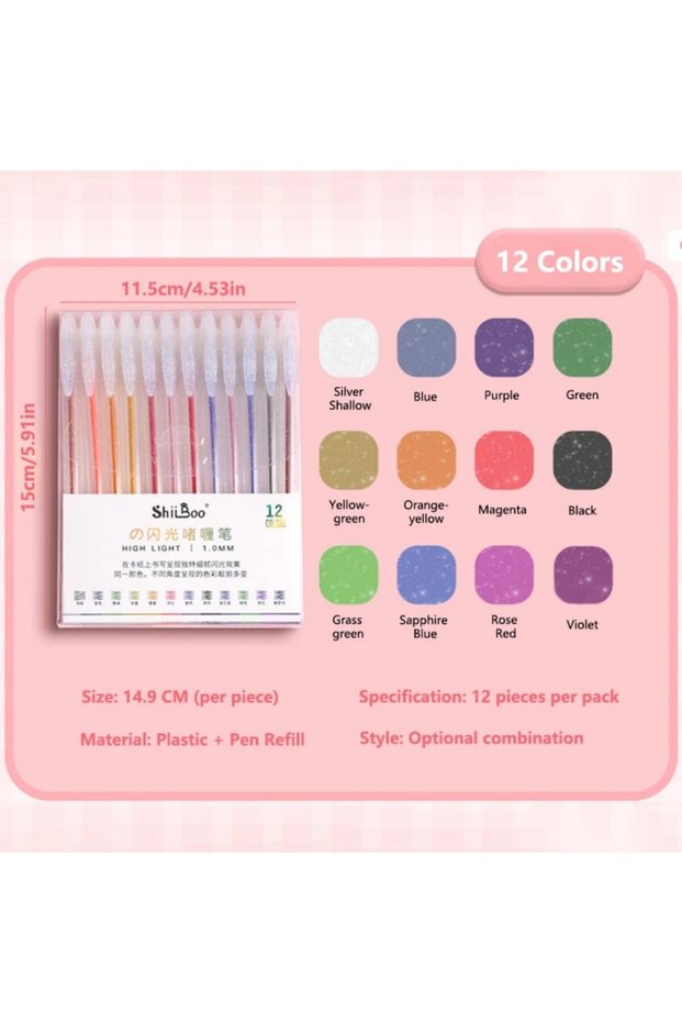 12 COLORS 8-60 Colors Glitter Gel Pen 1.0mm Metal Glitter Color Ballpoint Pen Paper Cardstock Diary