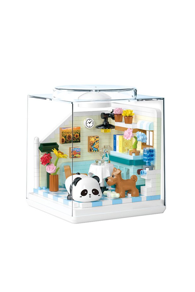 With box 866001 Fun Panda House Street View Series Hand-Assembled Desktop Ornaments Toy Building Blo