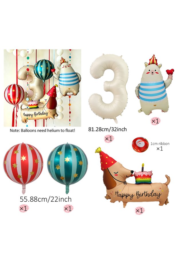 Other number 3 Circus Themed Balloon Set, Milk White Number Balloon, Bear Balloon, and Dog Shaped Ba