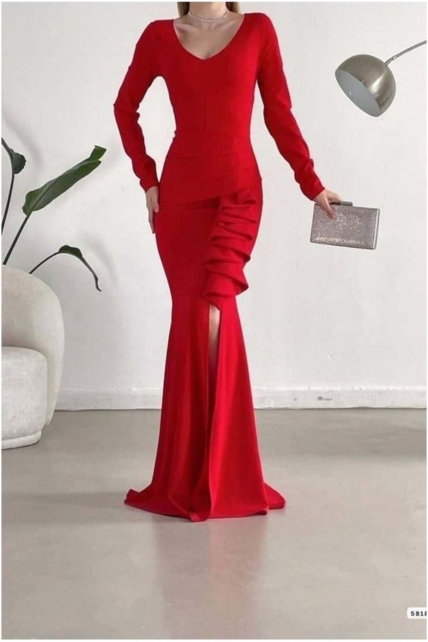 V Long Evening Dress with Sleeves Maxi Collar Slit Dress