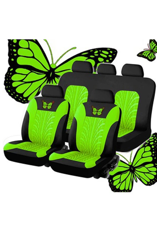 Green (5 seat) Car Seat Cover Full Set, Universal Butterfly Pattern Embroidery Auto Seat Cover Set