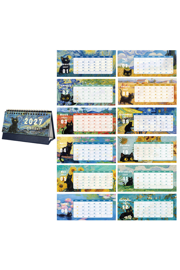 Starry 2027 Black Cat Painting Calendar Small Portable Design Daily/Monthly Planner Pages For Office