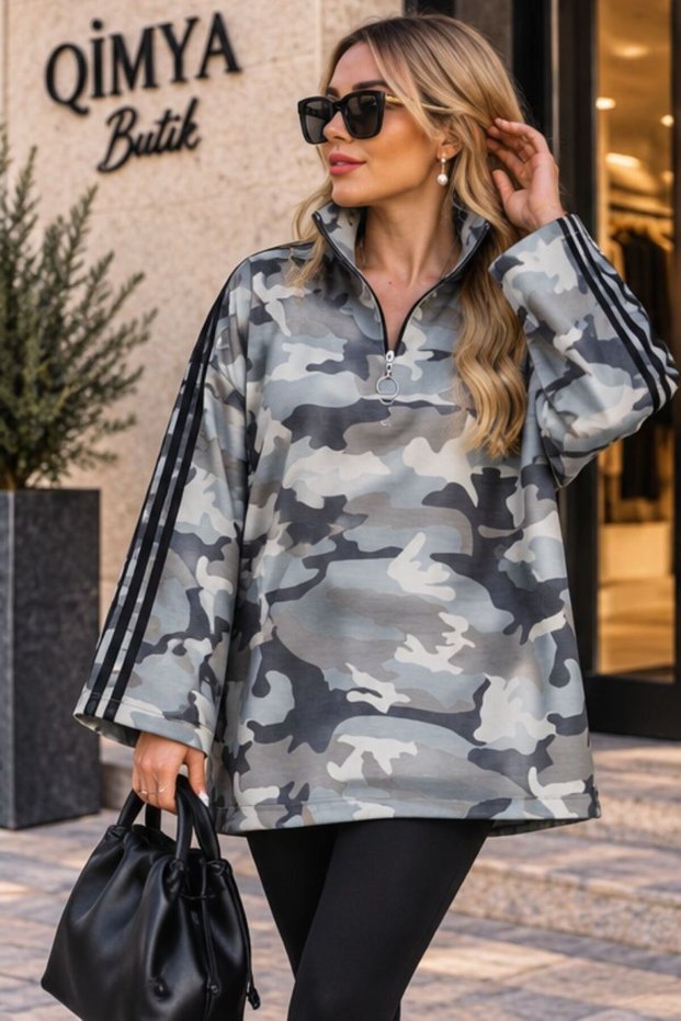 Buketli̇ Women's Patterned Zippered High Polo Collar Striped Medium Length Oversize Sweatshirt