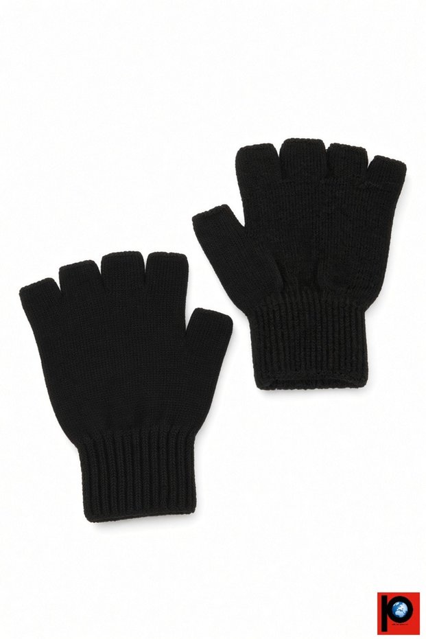 Unisex Children's Black Fingerless Gloves 9-15 Years Old Girls Boys Winter Knit Knitted Cut-Out Finger Half Finger Gloves Flexible Soft Textured Daily Use