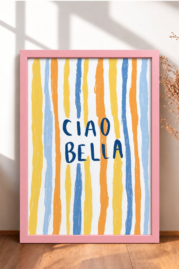 Ciao Bella Written Colorful Lines Framed Painting Italy Poster Living Room Kitchen Wall Decor Itn033