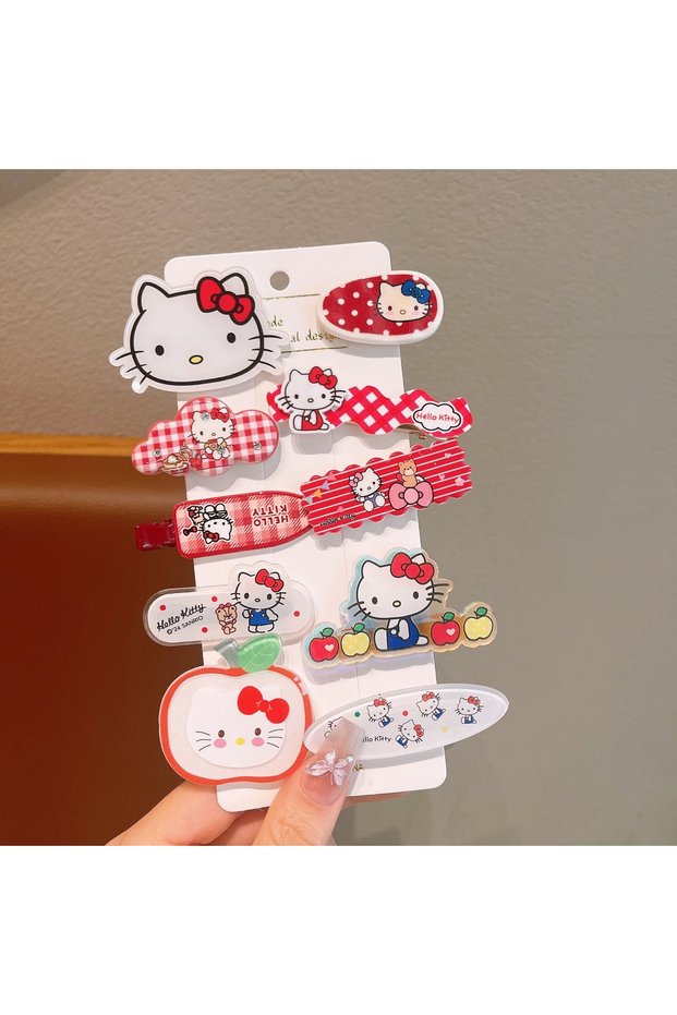 opp bag 1 Hello Kitty Hair Clip Set - Kawaii Acrylic Cat Head & Fruit Pattern Hairpins for Girls, Cu