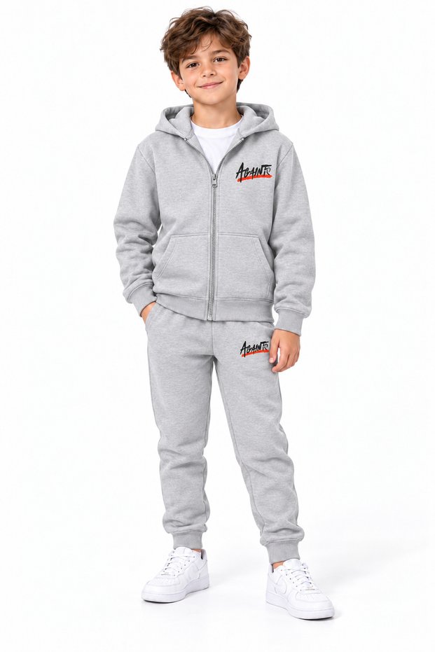 Colorful Figure Printed Light Gray Zippered Children's Tracksuit Set Age 12