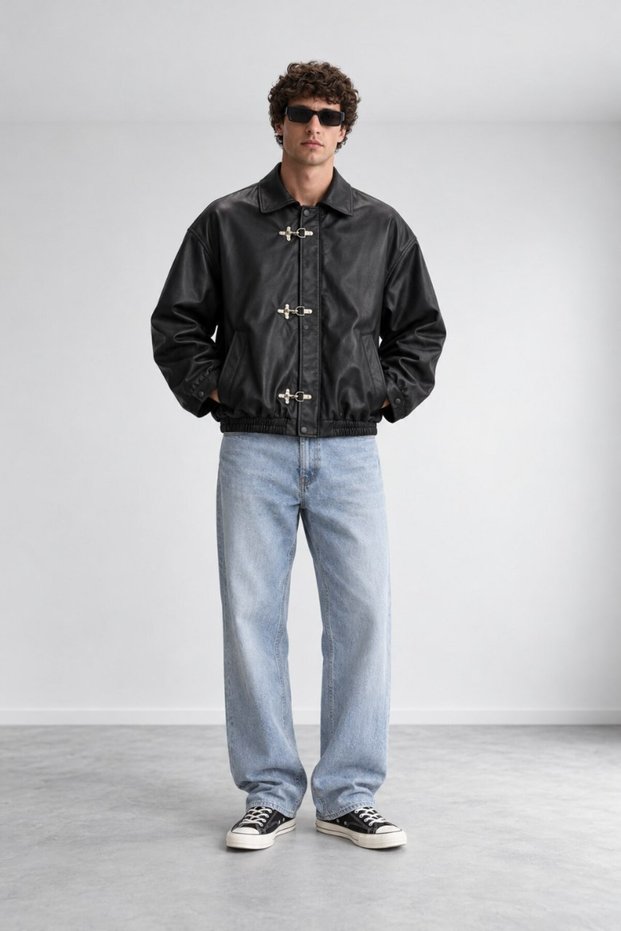 Men's Clip Button Detailed Bomber Leather Jacket