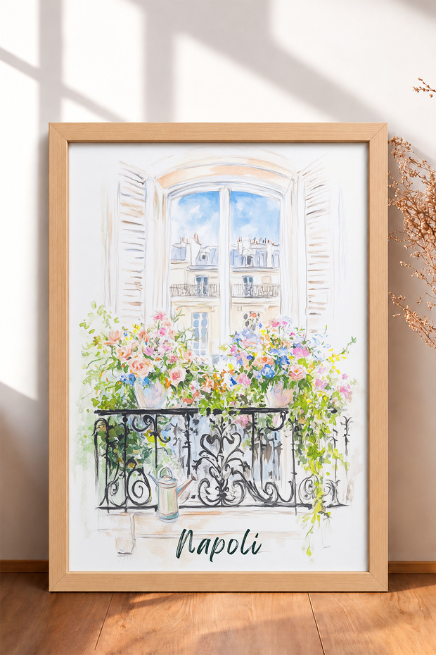 Naples Written Floral Wrought Iron Balcony Framed Painting Italy Poster Wall Decor Itn053
