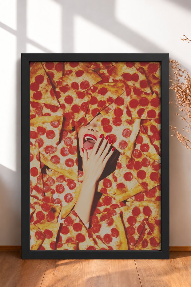 Laughing Woman between Pizza Slices Framed Painting Italy Poster Living Room Kitchen Wall Decor Itn040
