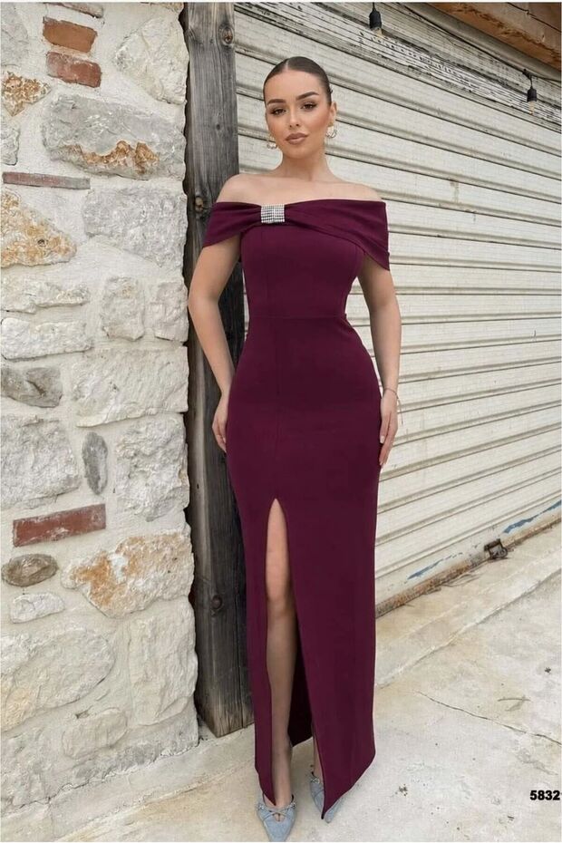 Strapless Evening Dress with Detailed Slit and Stone Embellishments