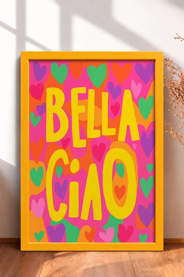 Bella Ciao Written Colorful Hearts Framed Painting Italy Poster Living Room Kitchen Wall Decor Itn035