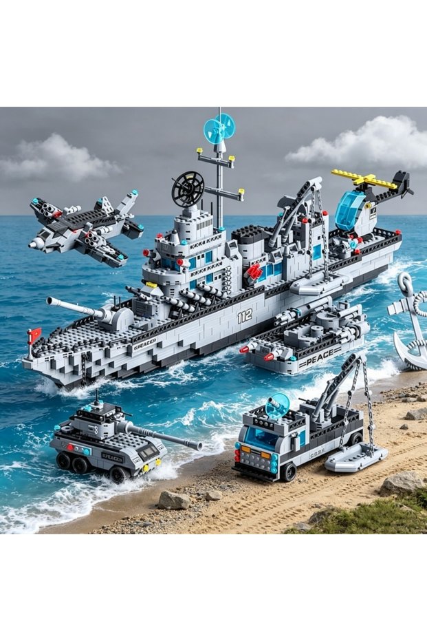 NO BOX 1560PCS 6-in-1 Navy Warship Building Blocks, Multi-Form Military Battleship Model Bricks, Edu