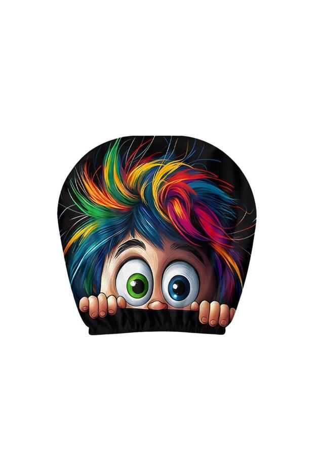 multicolored hair 1 Piece Cartoon Kid Car Headrest Cover, Colorful Messy Hair Peeking Design, 2D Pri