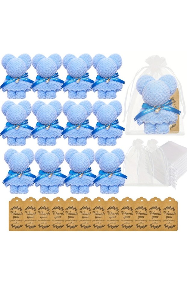SKY BLUE 36Pcs/12sets Bear-Shaped Towel Greeting Card Gift Set for Wedding Favors, Bridal Shower, Ba