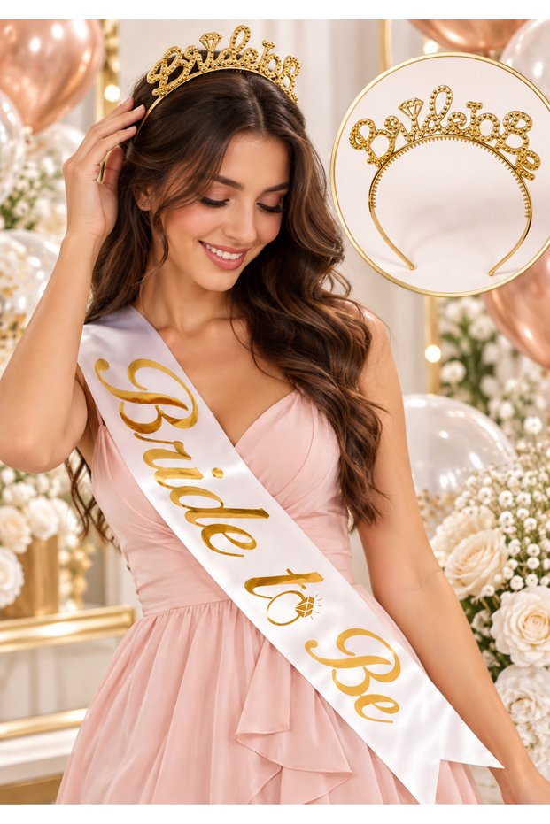 Bride to Be Gold Crown and Sash Set with Stones Bridal Bachelorette Hen Party Accessory