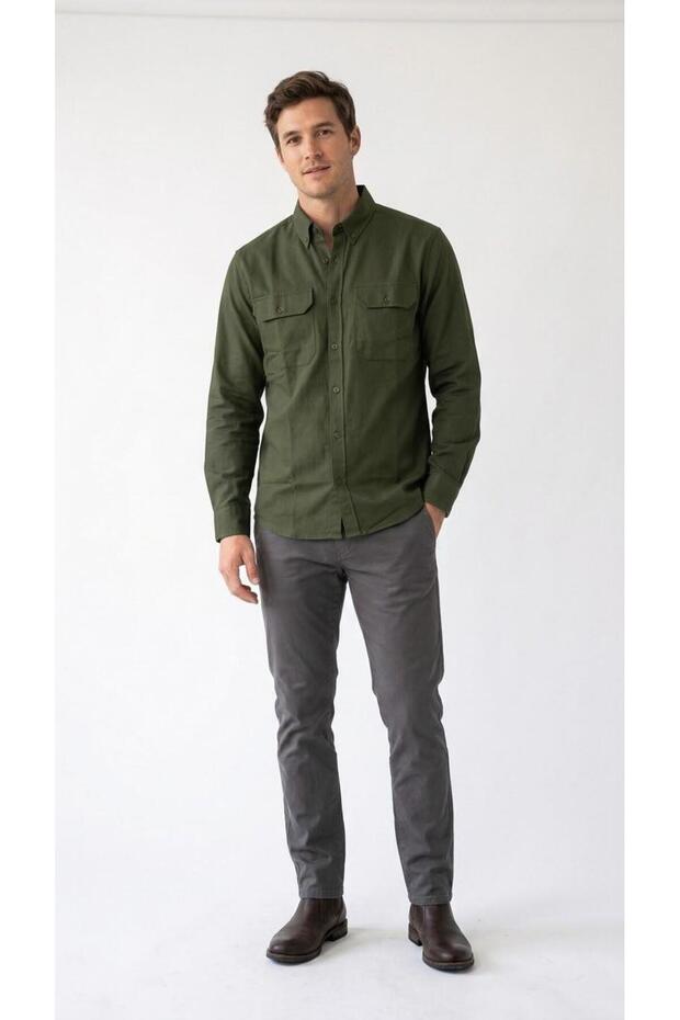 Men's Khaki Double Pocket Flap Button Regular Fit Shirt