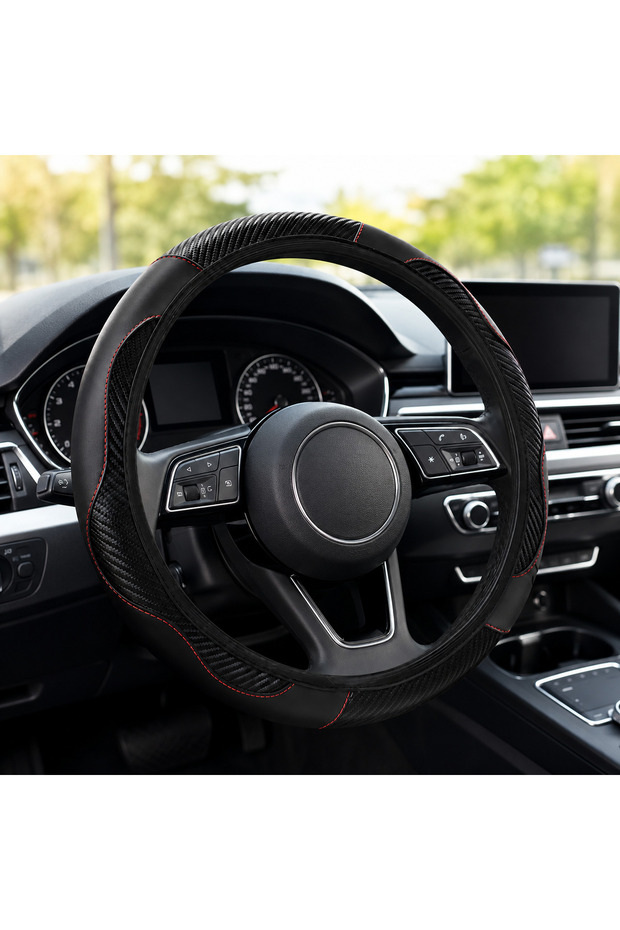 BLACK 1PC Carbon Fiber Texture PU Leather Steering Wheel Cover, Non-Slip 38cm Universal Car Interior