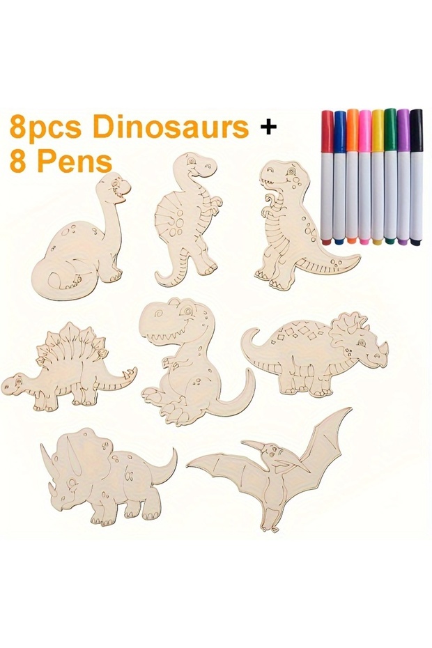 8 pcs with pen Unfinished Wooden Dinosaur Animal Laser Cut, DIY Craft Party Deco Art Deco Room Decor
