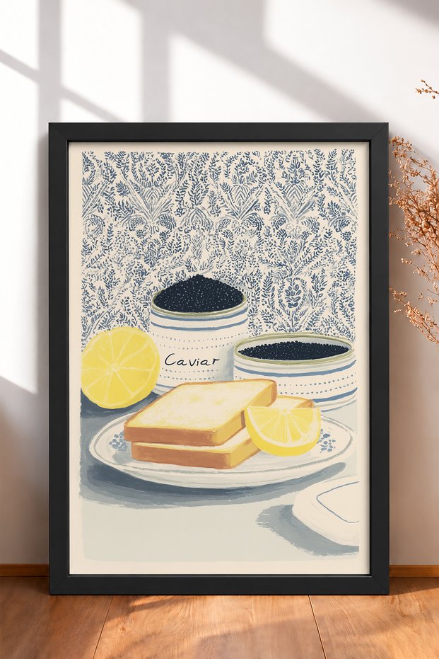 Caviar Boxes with Caviar Written and Bread Frameed Table Italy Poster Wall Decor Itn060