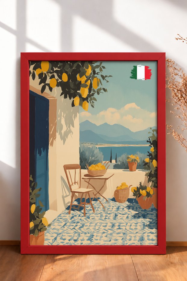 Lemon Tree Blue Door Terrace Framed Painting Italy Poster Living Room Kitchen Wall Decor Itn055