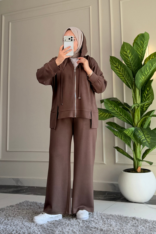 6739 - Stylish, Comfortable, Loose Viscose Soft Modal Fabric Zippered Hooded Women's Set