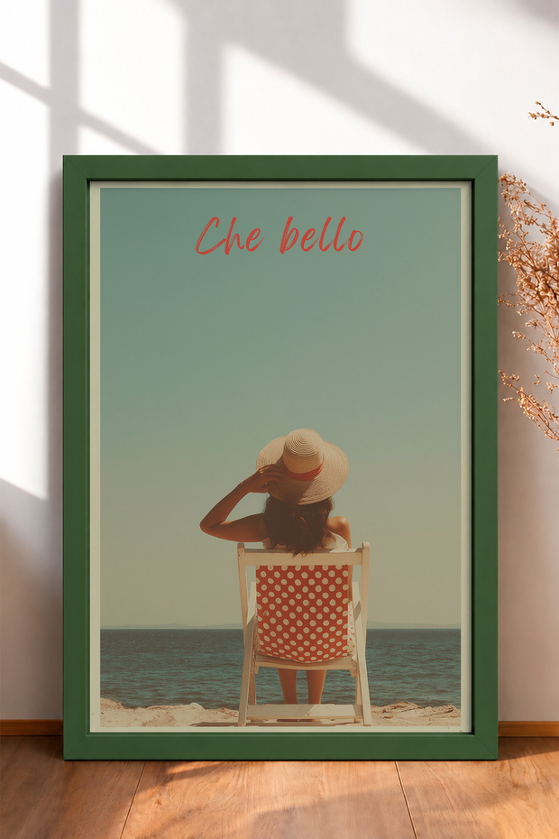 Che Bello Woman Framed Painting Facing the Sea on a Sunbed Italy Poster Wall Decor Itn058