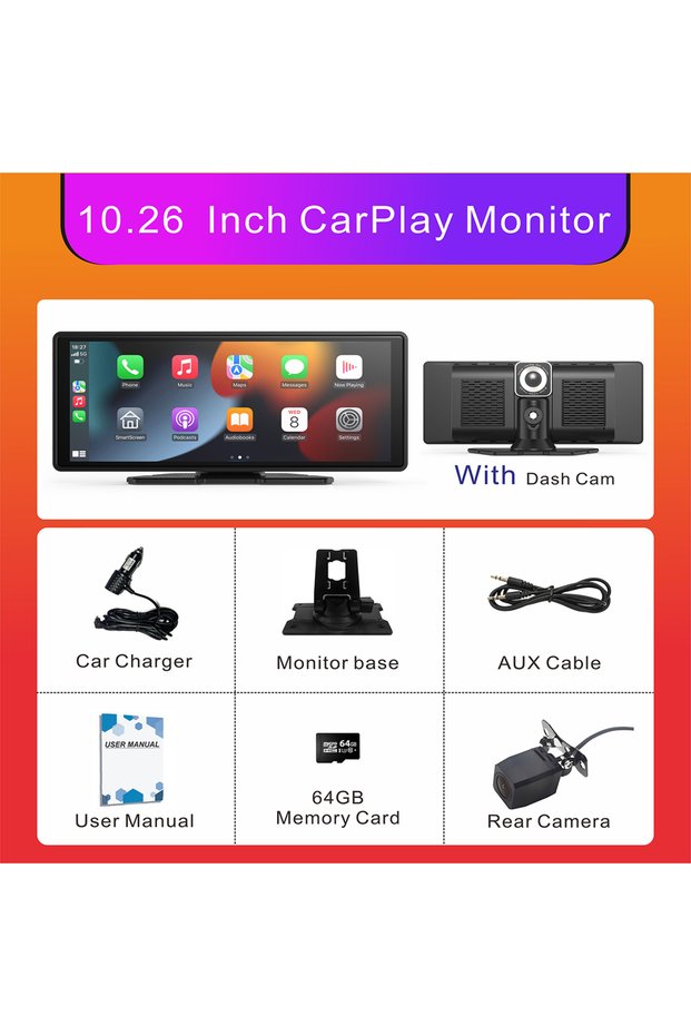 Dual Camera 64G Card Universal Portable Wireless Carplay Screen for Car with Android Auto Touchscree