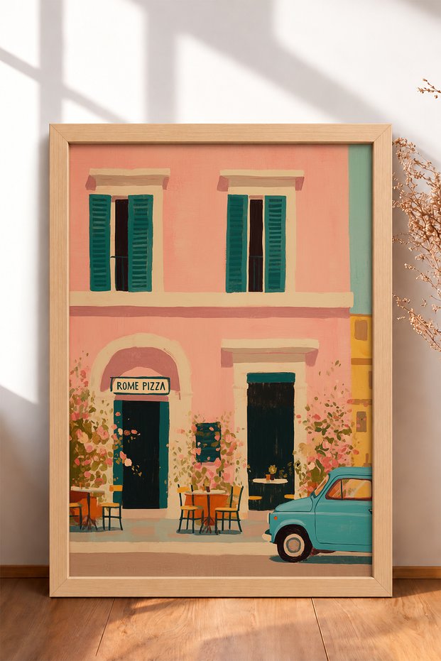 Rome Pizza Tabletop Sign with Facade and Classic Car Frame Table Italy Poster Wall Decor Itn028