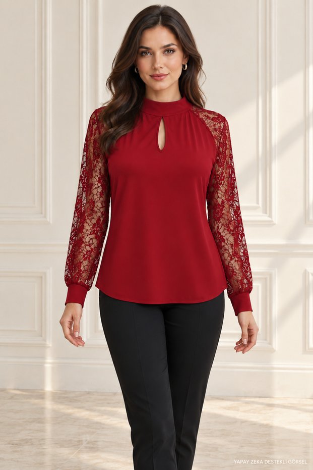 Women’s Long Sleeve Blouse with Chest Cutout Detail, Turtleneck, Mesh Sleeves, Sandy Fabric