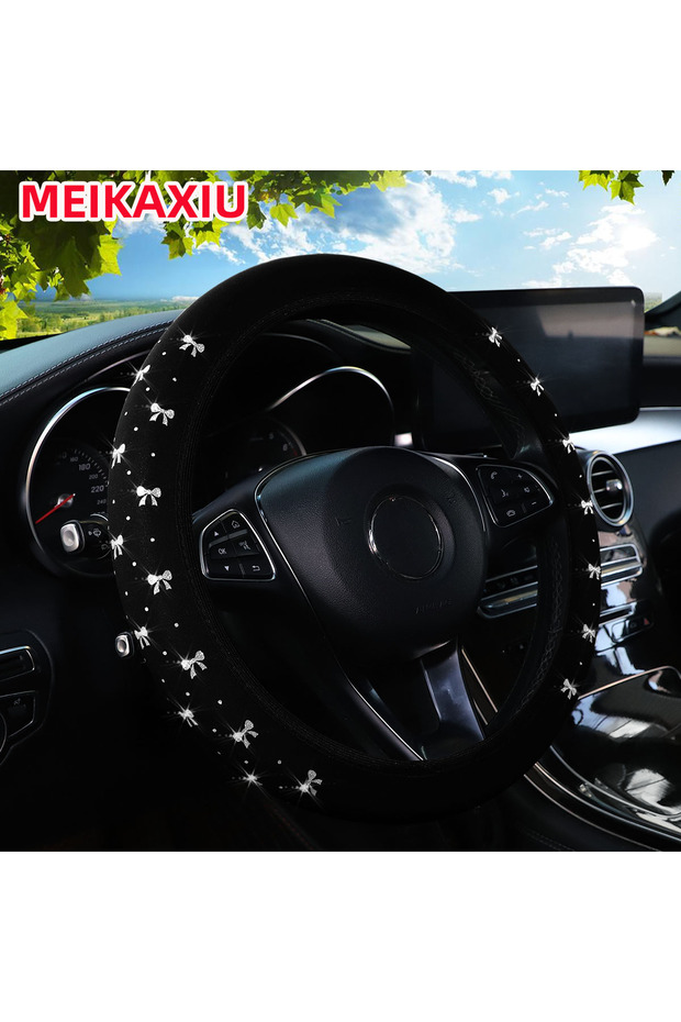 SILVER 14.5-15inch Blingbling Fabric Elastic Hubless Steering Wheel Cover with Glittering Bow Automo