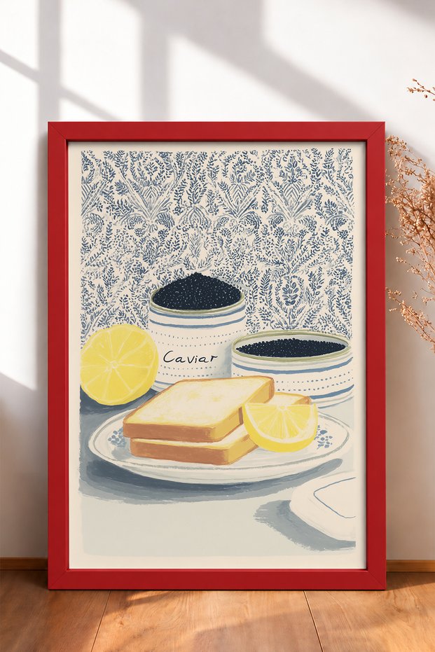 Caviar Boxes with Caviar Written and Bread Frameed Table Italy Poster Wall Decor Itn060