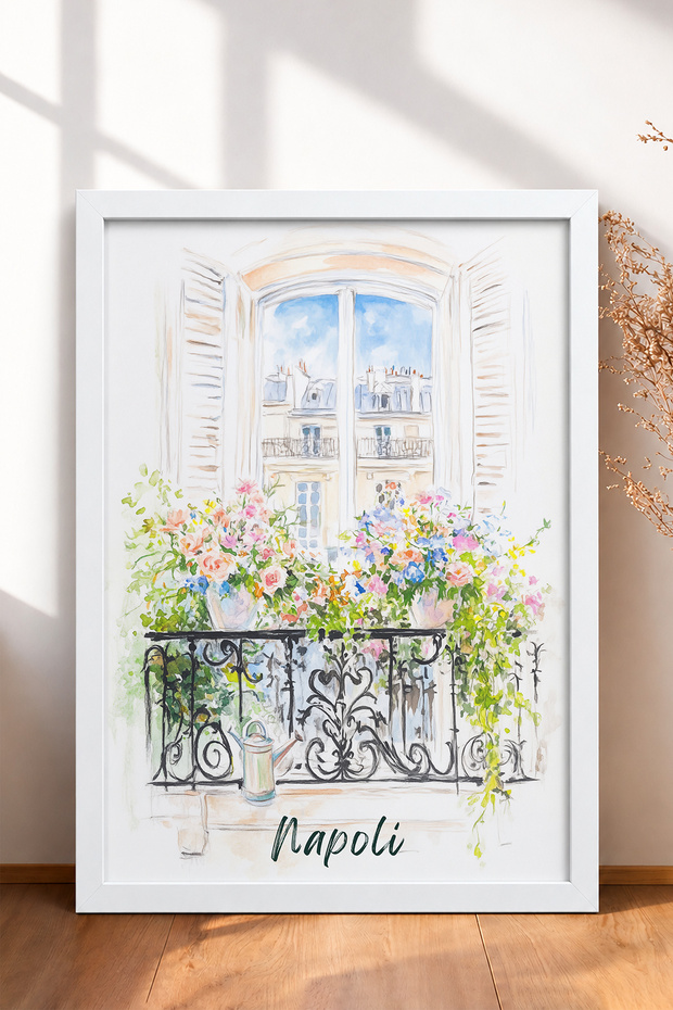 Naples Written Floral Wrought Iron Balcony Framed Painting Italy Poster Wall Decor Itn053