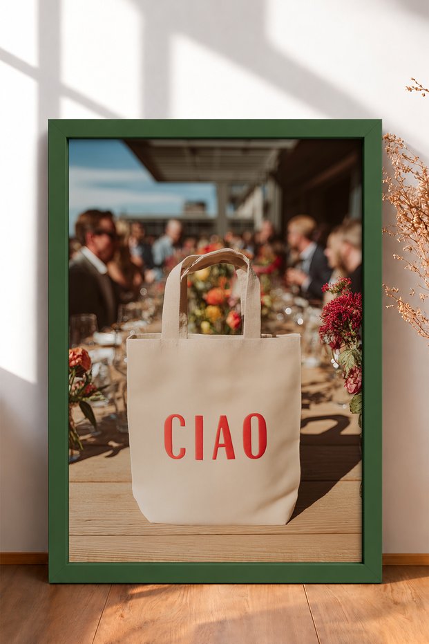 Red Ciao Written Bag and Wooden Table Framed Painting Italy Poster Wall Decor Itn075