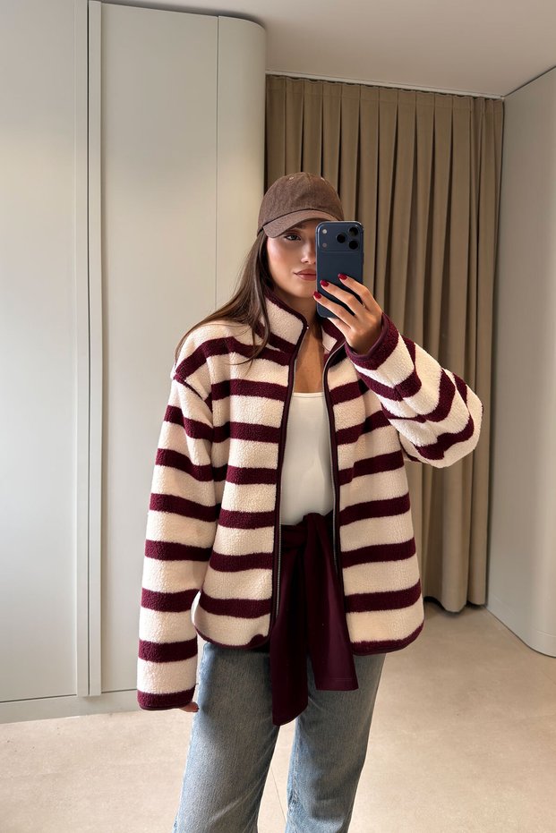 Premium Striped Zippered Fleece Cardigan - Ecru-Burgundy