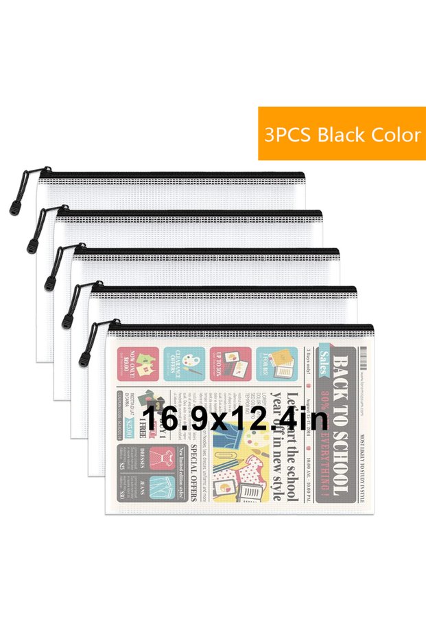 3Pcs A3 Black Waterproof Mesh Zipper Storage Bag A4/A6/B6/B8 File Document Pockets Bill Bags Folders